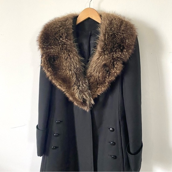 Vintage Fur Maxi Opera Coat Whimsigoth Black Wool Fox Fur Collar 60s Womens S /M - Picture 4 of 16
